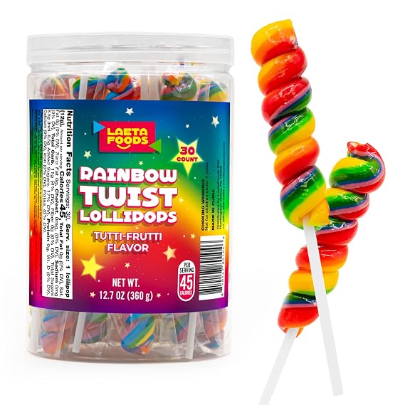Rainbow Swirl Lollipops Individually Wrapped, 30 Count Jar | Twisty Suckers, Tutti-Frutti Party Candy for Buffets and Gifting