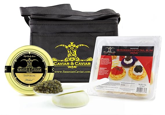 OVERNIGHT! Imperialist Caviar Set - 1oz Imperial Golden Osetra + FREE Mother of Pearl Spoon, 36pcs, Blini, Cooler Bag