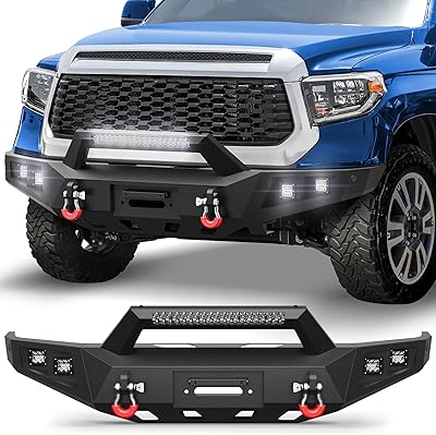 14-21 Tundra Front Bumper Full Width Offroad Bumper wWinch Plate, 144W Light Bar, 4x18w Lights, D-rings, License Plate Bracket for 2014-2021 Tundra Pickup Trucks