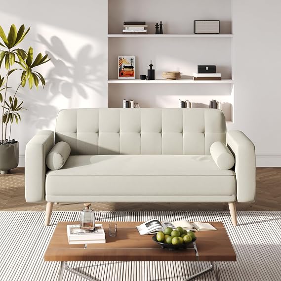 ELEGANT 3 Seater Sofa Bed, Modern Fabric Click Clack Sofa, 186x86x79cm | Convertible Sofa Bed with Removable Armrests and Wooden Legs, Love Seat for Living Room, Guest Room, Office, Cream White