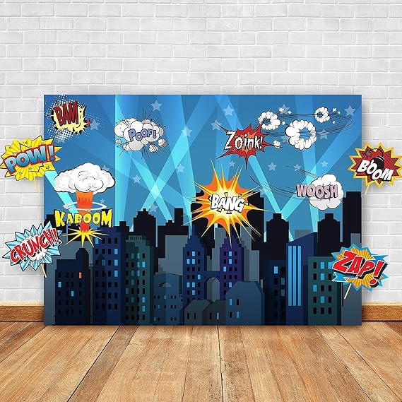 Superheroes Theme Party Photography Backdrop with Props. Super Hero Cityscape Photo Booth Background for Kids Party, Birthday Wall Decorations