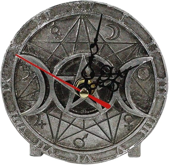 Ebros Wiccan Triple Goddess Moon Cycle Witches' Grimoire Symbols Analog Roman Numeral Shelf Desktop Table Clock in Antiqued Finish 4.5" High Decorative Home Office Occult Wicca Magic Accent