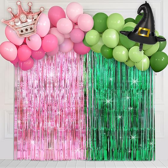 Witch Themed Party Decorations Halloween Pink and Green Streamers Backdrop Balloons Kit Princess Birthday Crown Witch Hat Balloon Garland Foil Fringe Curtains for Holiday Party Supplies Favors Decor