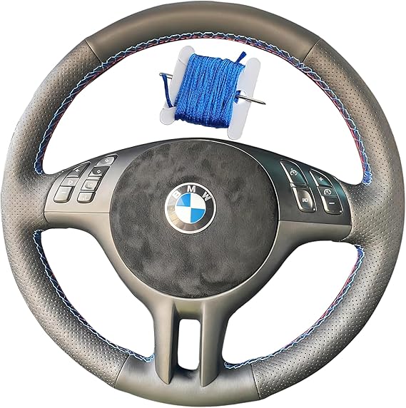 Hand Sewn Black Perforated Leather Interior Protection Accessory for Car Steering Wheel Cover, for BMW 3 Series E46 E46/5 2000-2005 / X5 E53 2000-2001