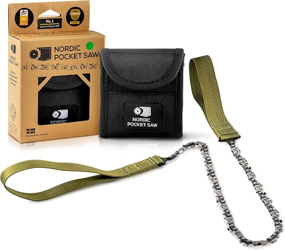 Nordic Pocket Saw 25.6 Inch Pocket Chainsaw with 33 Bi-Directional Teeth for Clearing Trails - Handy Backpacking Saw with Extra Large Nylon Handle Loops - for Survival and Emergency Situations