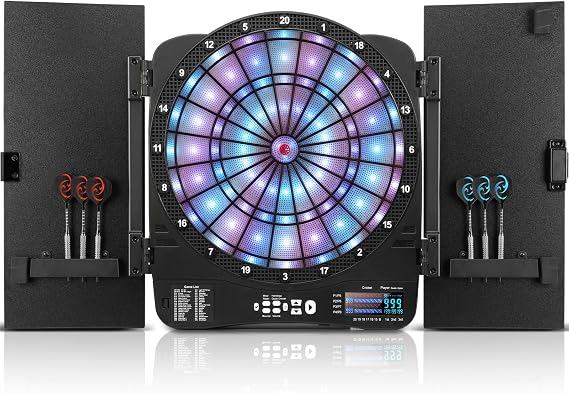 Electronic Dart Board Cabinet Set, Illuminated Target Soft Tip Dartboard
