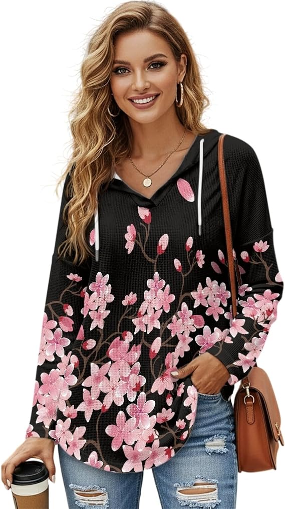 Oversized Graphic Sweatshirt For Women Long Sleeve V Neck Fall Hoodies Loose Casual Waffle Tops