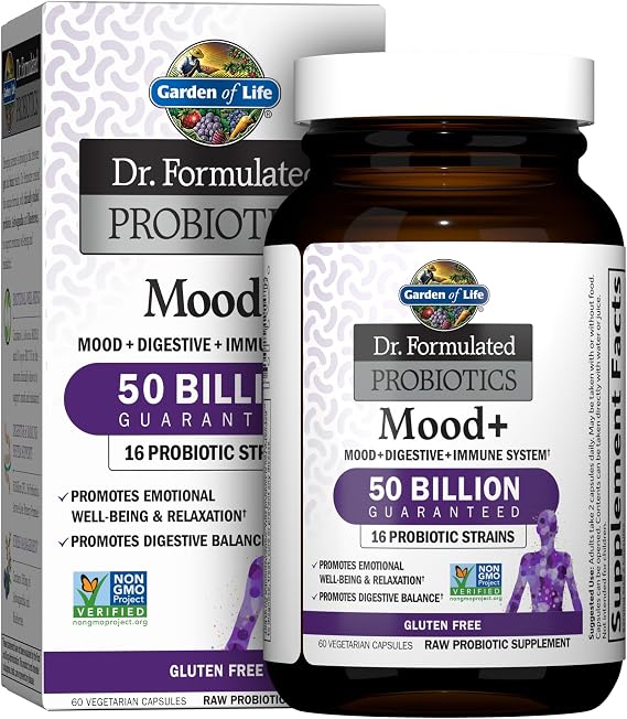 Garden of Life Dr. Formulated Probiotics Mood+, 50 Billion CFU, 60 Capsules | Supports Relaxation & Digestive Health, Vegetarian