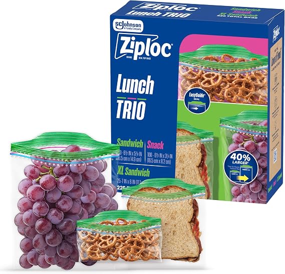 Ziploc Lunch Trio Variety Pack, Easy Open and Close, Plastic Food Storage Bags, 225 count