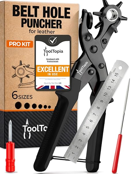 ToolTopia Belt Hole Puncher for Leather – Heavy Duty Rotary Hole Puncher with 6 Sizes, Comfort Lever, Leather Belt Hole Punch for Belts, Watches, Shoes, Fabric and PVC - Black