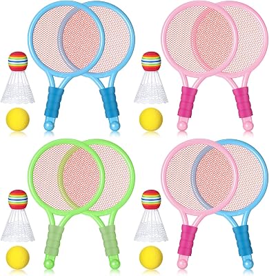 Wettarn 8 Pcs Plastic Kids Racket Set with 4 Balls & 4 Shuttlecocks for Beach & Tennis Training