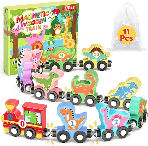 11 Pcs Magnetic Dinosaur Train Set Montessori Toys for Toddlers Boys Girls, Wooden Dinosaur Preschool Learning Activities Educational Sensory Toys Birthday Gifts