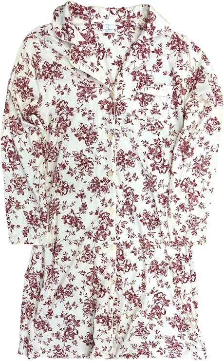 Croft & Barrow Womens White & Red Floral Button Front Nightgown Sleep Shirt