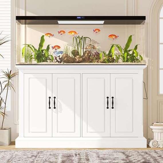 55-75 Gallon Fish Tank Stand, 880LBS Capacity, Built-in Charging Station & Power Outlets, 4 Cabinets, Storage Drawer, Turtle Tank, Reptile Terrarium(White)