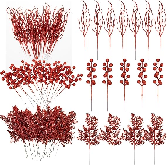 75 Pcs Christmas Glitter Branches, 3 Styles Artificial Christmas Picks with Red Berries, Pine Needles and Twig Sprays for Xmas Tree Ornaments, DIY Wreaths and Holiday Garland Decorations