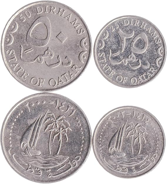 2 Coins from Qatar | Qatari Coin Set Collection 25 50 Dirhams | Circulated 2000-2003 | Palm Trees | Sailing Ship - Dhow