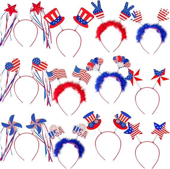 Moon Boat 12PCS 4th of July Headbands, Fourth of July Party Decorations Accessories, Patriotic Red White Blue USA Outfit Favors for Independence/Memorial Day