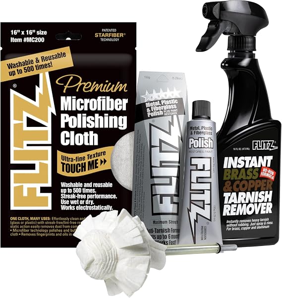 FLITZ Brass and Copper Restoration Kit - 16oz Tarnish Remover, 5.29oz Metal Polish Paste, 16" x 16" Microfiber Cloth and 2" Drill-Attachable BuffBall with 1.76oz Metal Polish Paste