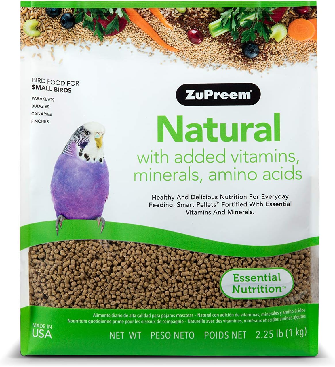 ZuPreem Natural Bird Food, Bird Feed Pellets for Parakeets, Budgies, Parrotlets, Doves, ZuPreem Core Nutrition, Made in USA, Added Vitamins, Parakeet Food, Budgie Feed, Small, 2.25 lb Bag
