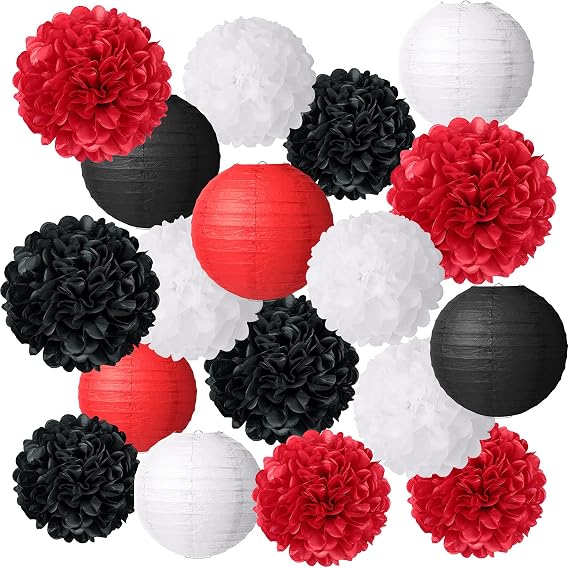 18 Pieces Round Paper Lanterns and Tissue Paper Flowers Assorted Decorative Round Chinese Lanterns Decorative Pom Poms Flowers for Wedding Birthday Party Decoration, Black, White and Red