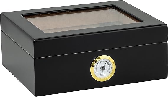 Quality Importers Desktop Humidor, Capri, with Tempered Glasstop, Cedar Divider, and Brass Ring Glass Hygrometer, Holds 25 to 50 Cigars, Black