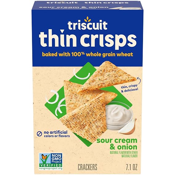 Triscuit Thin Crisps Sour Cream & Onion Whole Grain Wheat Crackers, Lunch Snacks, Snack Crackers, 7.1 oz