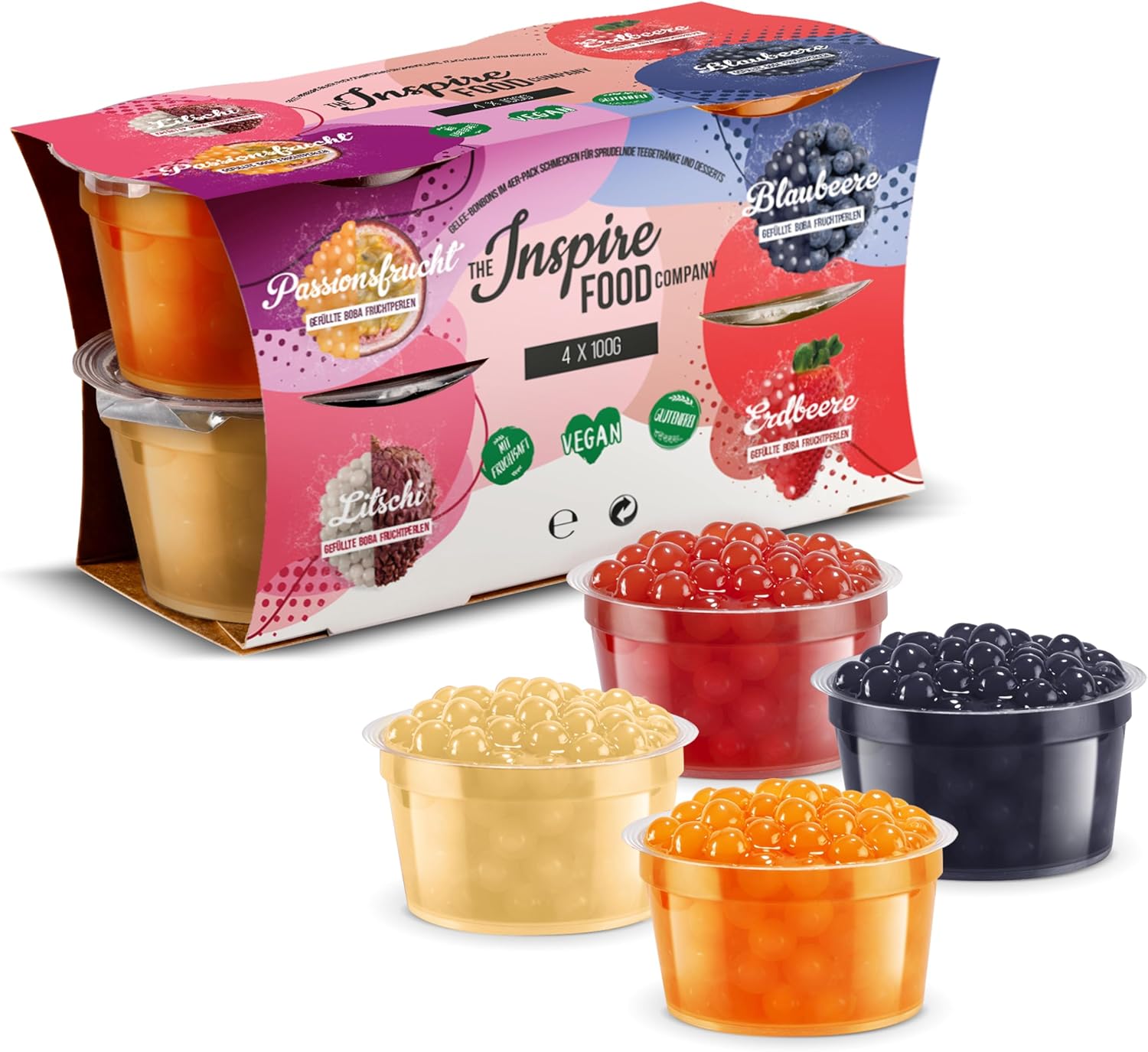 INSPIRE FOOD Popping Boba Variety Pack - Strawberry, Passion Fruit, Blueberry & Lychee 4 x 100g - 100% Vegan, Gluten-Free, No Artificial Colors