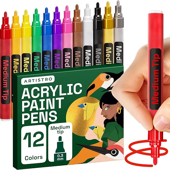 ARTISTRO 12 Acrylic Paint Pens for Calligraphy Markers With Medium Precision Tips Multisurface Painting for Fabric, Rock, Glass, Wood & More