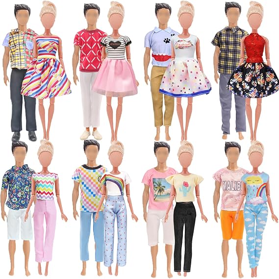 18 PCS Doll Clothes and Accessories for 12 inch Dolls - 5 Boy & 5 Girl Outfits, 3 Pairs of Shoes, 2 Glasses
