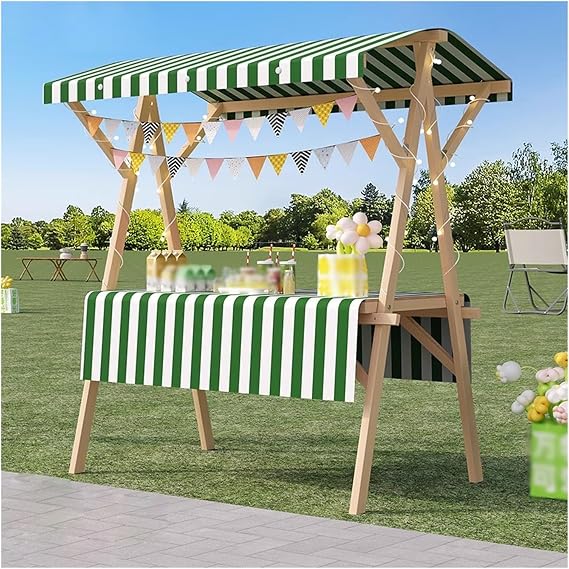 JYHHCYS Wood Street Food Cart On Wheels, 42in 54 in Length Foldable Street Food Cart for Business, Country Market Flower Cart Display Stand with Awning for Festivals/Party(Dark Green,Long 54 in)
