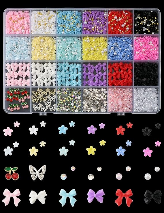 3D Nail Charms and Gems 6000 Pcs Charms for Nails Design Resin and Metal Cute Nail Art Charms Nail Flowers Bows Cherry Butterfly with Rhinestones and Pearls