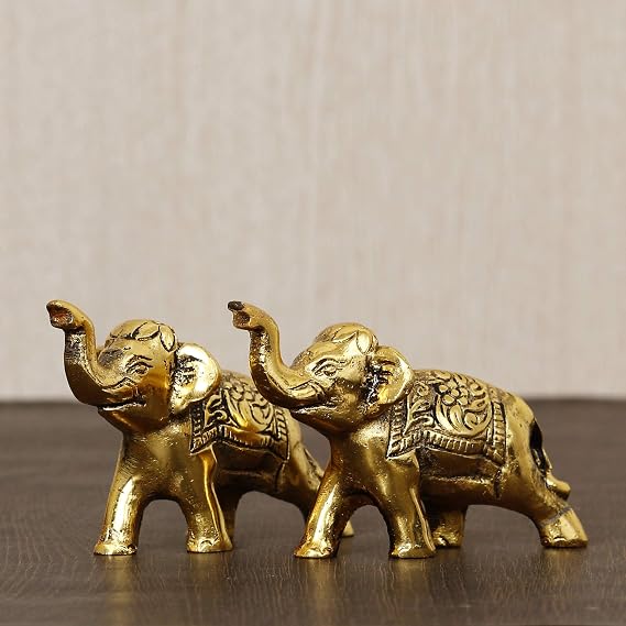eCraftIndia Set of 2 Golden Metal Elephant Statues, Animal Figurines Decorative Showpieces for Home Decor, Office, Bookshelf, Tv Stand, Living Room, Table Decor, Good Luck Gift
