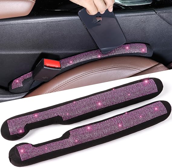 Briwill Bling Pink Car Seat Gap Filler - 2 Pack Crystal Rhinestone Diamond Bling Girl Car Accessories, Seat Gap Blocker Universal fit for Trucks, SUVs, Cute Car Accessories Interior Decor, (Pink)