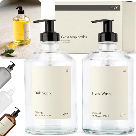 KIVY Glass Soap Dispenser Set [INCL. Waterproof Labels] - Glass Soap Dispenser with Pump - Hand Soap and Dish Soap Set - for Kitchen, Shower & Bathroom - Refillable (2X 16oz)