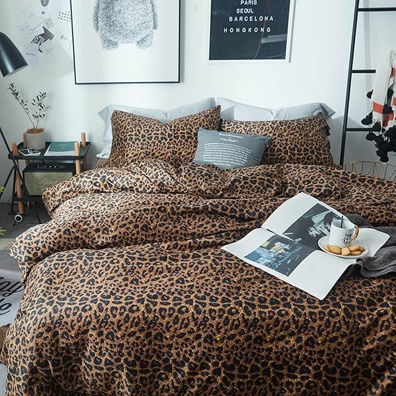 mixinni Leopard Print Comforter Set Queen Size -3 Pieces Animal Cheetah Printed Comforter Sexy Soft Fluffy Brown/Black Floral Print Bedding Set with 2 Pillowcases for All Season-Queen Size