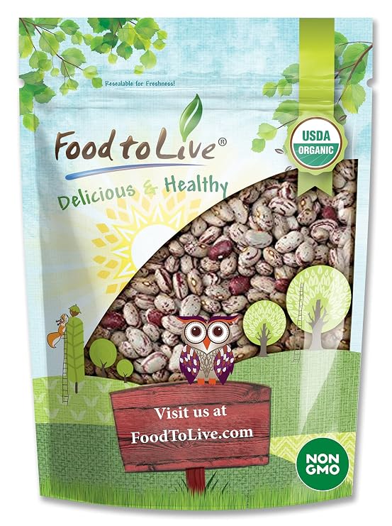 Food to Live Organic Cranberry Beans, 1 Pound Non-GMO, Dried Borlotti (Romano Beans), Sproutable, Vegan, Kosher, Bulk. High in Folate, Fiber, Protein. Product of the USA. For Stews, Soup, Salads