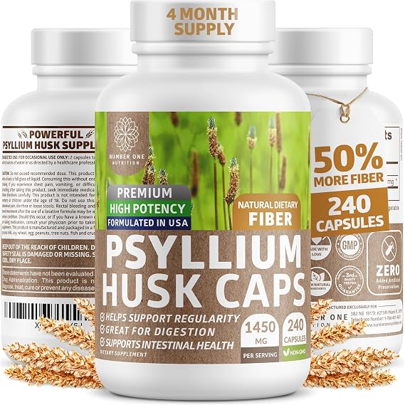 Psyllium Husk Capsules 1450mg, Soluble Fiber Support, 240 Caps