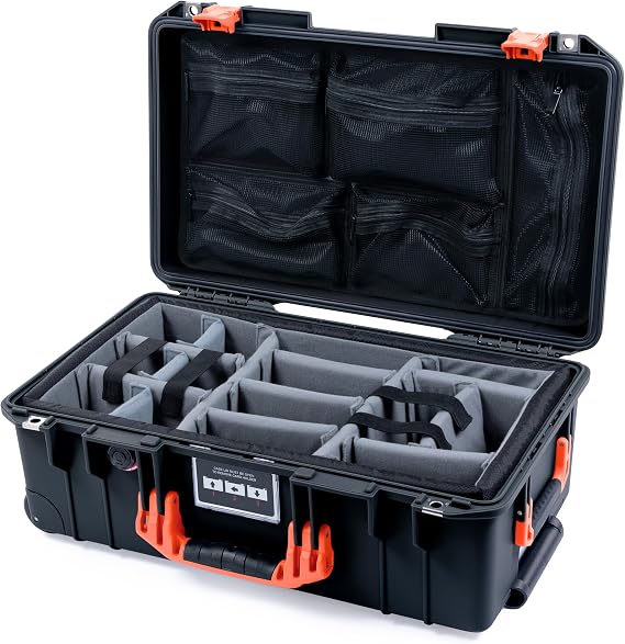 Pelican Air 1535 Carry-on Case by ColorCase - Black - Medium Size Waterproof Case with Gray Padded Microfiber Dividers & Mesh Lid Organizer - Orange Handles & Latches