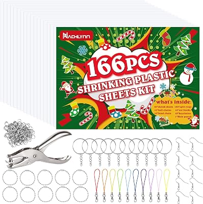NACHLYNN Shrinky Plastic Sheets Kit 171Pcs Christmas Heat Shrink Sheets Shrinky Art Dink Keychain Kit for Kids Crafts Making Party Favors Supplies Christmas