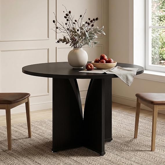 1Easylife 39.37 Round Dining Table, Modern Black Wooden Circular Table with Sturdy Double Pedestal Base, 29.53 Height Kitchen Dining Room Table for 2-4