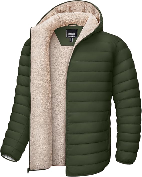 Mens Puffer Jacket with Hood Fleece Sherpa Lined Winter Coat