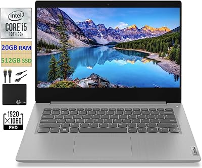 Lenovo 2021 Newest IdeaPad 3 14 FHD Screen Laptop Computer, Intel Quad-Core i5-1035G1 Up to 3.6GHz Beats i7-8550U, 20GB DDR4 RAM, 512GB PCI-e SSD, Webcam, WiFi, HDMI, Windows 10  Marxsol Cables