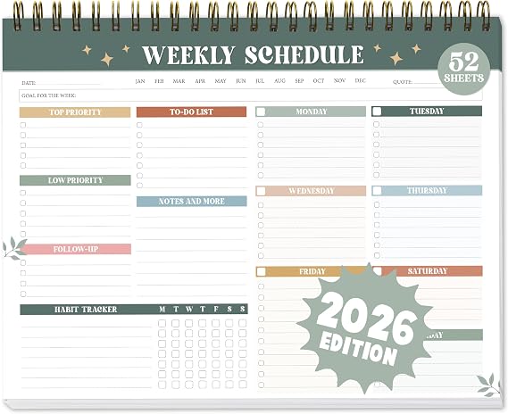 Weekly To Do List Notepad, Modern Boho 52-Week Undated Planner | Spiral Bound 8.5"x11" - Large Weekly Desk Pad for Work, School & Home, Simple Productivity Organizer
