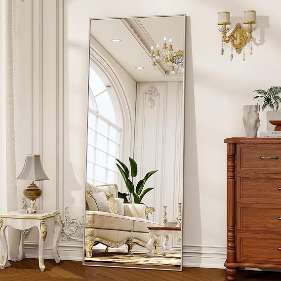56" x 21" Full Length Mirror, Full Body Floor Mirror, Silver | Standing/Leaning/Wall Mounted for Bedroom, Living Room, Entryway, Cloakroom with Aluminum Alloy Frame