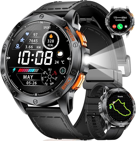 LIGE GPS Smart Watch for Men, 1.43'' AMOLED Always on Display, LED Flashlight/Compass/45 Days Battery/IP68 Waterproof Smartwatch, 100+ Sport Mode, Rugged Smart Watches for Android iOS (Black)