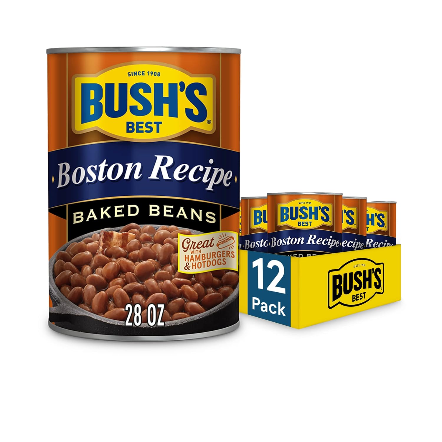 BUSHS BEST Canned Boston Recipe Baked Beans Pack of 12, Source of Plant Based Protein and Fiber, Low Fat, Gluten Free, 28 oz