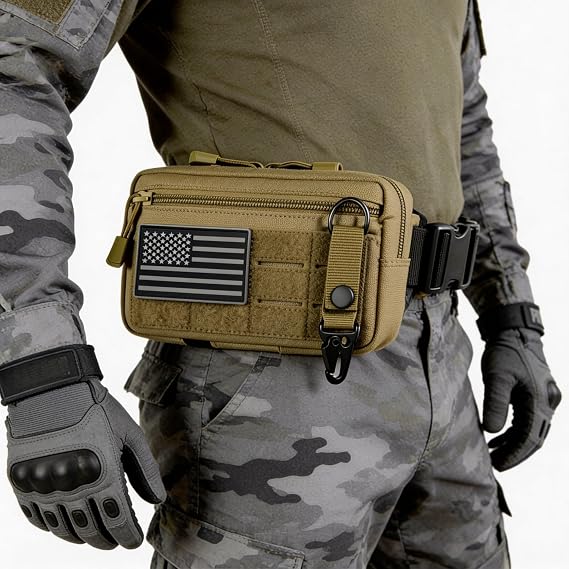 Tactical Molle Pouch,EDC Tool Pouch with Belt and D Ring US Flag Patch Keychain Utility Laser Cut