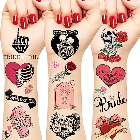 288PCS Til Death Do Us Temporary Tattoos Stickers Pre-cut Bride or Die Wedding Tattoos Gothic Halloween Bachelorette Stickers Tattoos for Bridal Shower Bachelorette Party Supplies Decorations