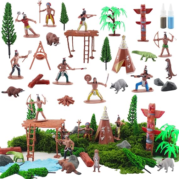 Plastic Indian Figures Playset Toys Native American Indian Action Figures and Accessories with Horses Tent Totem for School Diorama Projects Kids Educational Birthday Gift