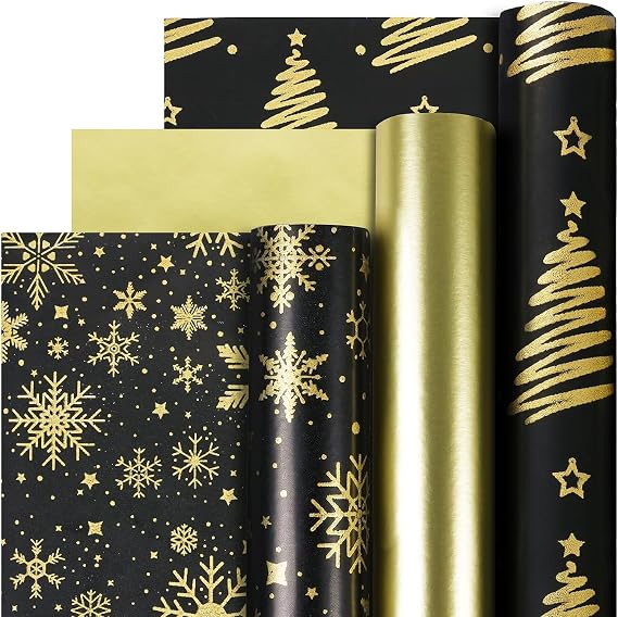 Christmas Wrapping Paper Rolls, Mini Roll - 3 Rolls Black and Gold Xmas Wrapping Paper, Gold Foil Christmas Trees and Snowflake Wrapping Paper for Xmas, New Year, Winter Holiday, Party, 17 x 120 Inch Each Roll